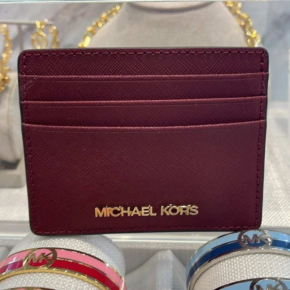 MICHAEL KORS Large Pebbled Leather Card Holder Case Dark Cherry NWT